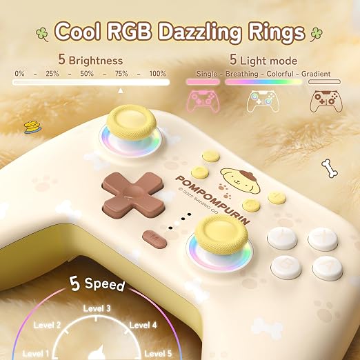 Kuitmor Pompompurin Dog Switch Pro Controller, Cute Hall Effect Wireless Gamepad No Drift for Switch 2/Switch/OLED/Lite, PC/Steam, Android, iOS, Bluetooth + Wired, Turbo, Back Buttons, 6-Aixs Gyro, Wake-up, RGB (Yellow, With Receiver) - Image 4