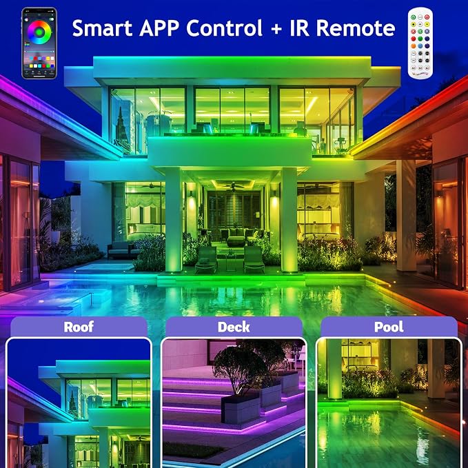 LETIANPAI 200ft Outdoor LED Strip Lights Waterproof, IP68 Outside Led Light Strips with App and Remote,Music Sync RGB Exterior Rope Self Adhesive Back for Deck,Balcony,Pool - Image 4