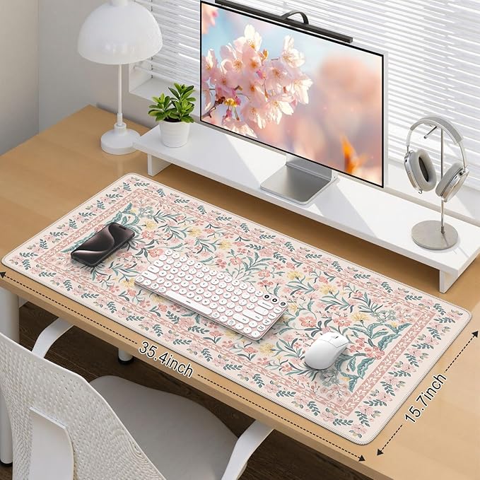 iCasso Desk Mat,Mouse Pad for Office Desk,35.4x15.7in,Pink Floral | Desk Pad for Women Home Office Decor Supplies, Desk Accessories, Non-Slip Mousepad with Stitched Edge, Smooth Water-Resistant - Image 2