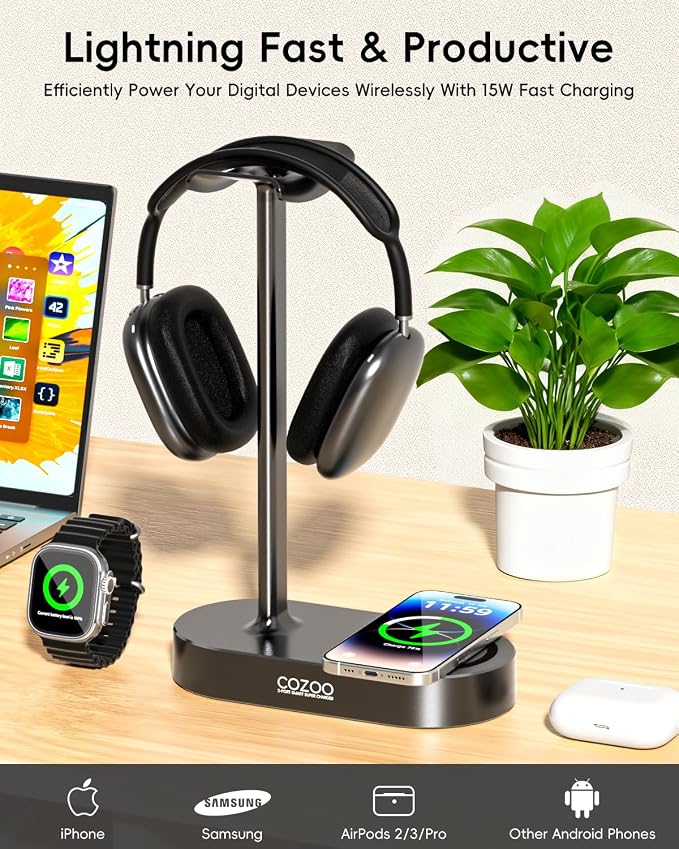 cozoo 15W Wireless Charging Headphone Stand with USB & Type-C Ports, Desktop Gaming Headset Holder, Cool Gaming Accessories & Tech Gifts for Men Teen Boys,Gamer Gifts, for Boyfriend and Teens - Image 3