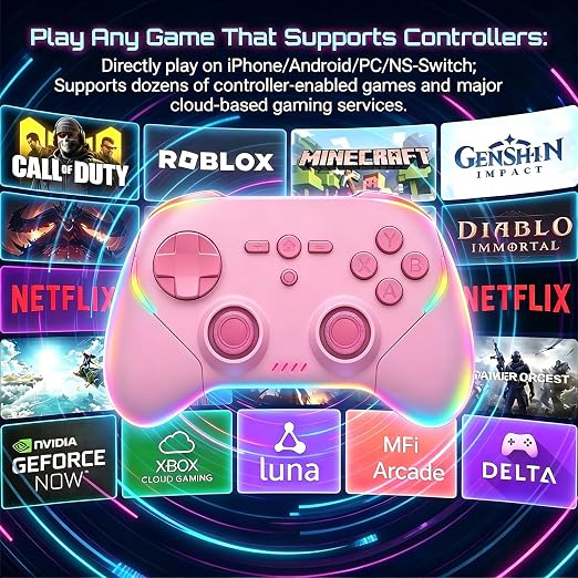 Megadream Phone Controller for PC/Switch 2|Swith/Android/iPad/Tablet/iPhone Controller - RGB light - Hall Effect Trigger/Joystick - Call of Duty, Roblox, Genshin Impact, Direct Play, Pink - Image 5