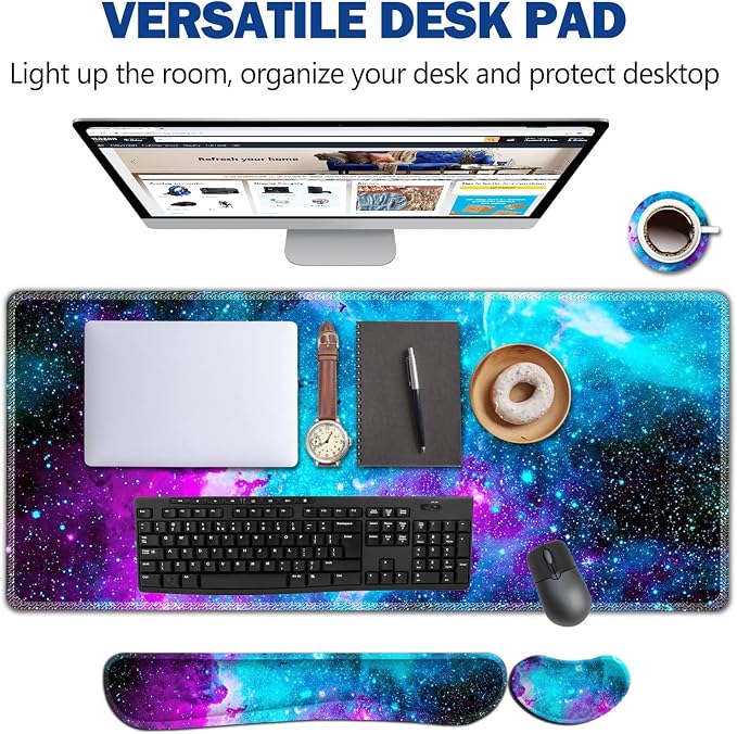 AIMSA Large Gaming Mouse Pad Set, Keyboard Wrist Rest Support Mouse Pad, Ergonomic Memory Foam Multifunctional Extended Desk Mat 35x15.7in Anti-Slip Rubber Base, Galaxy Nebula Universe - Image 2