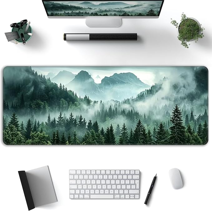 Green Misty Forest Desk Mat, XL 31.5"x11.8" Large Mouse Pad, Mountains Extended Gaming Mouse Mat,Non-Slip Rubber Base Waterproof with Stitched Edges for Gaming Office Home Decor - Image 2