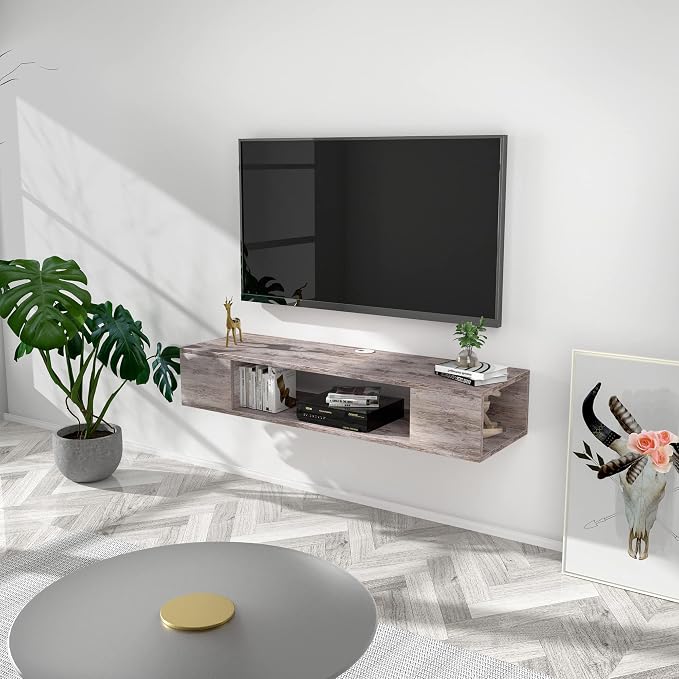 GHC Floating TV Stand, Wall Mounted Entertainment Center and Cabinet Shelf, TV Console with Storage, Media Console for DVD Player, Space-Saving Under TV Shelf for Bedroom, Living Room (Grey) by GHC