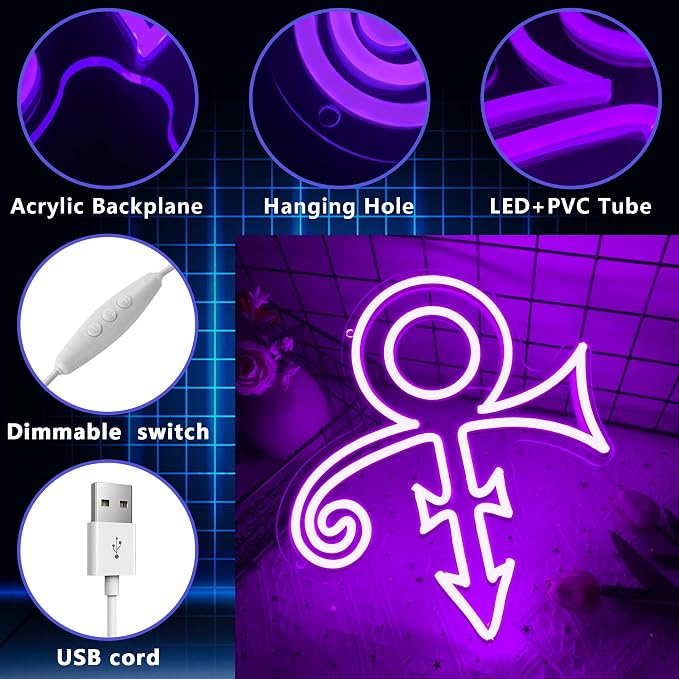 Prince Purple Symbol Neon Signs for Wall Decor,Dimmable Music Singer Love Symbol Sign,USB Powered Neon Light for Dorm Man Cave Bar Music Studio Party Birthday Gifts(11.8 * 13.3in) - Image 7
