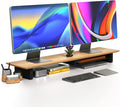 COREMINDED Solid Wood Dual Monitor Stand Riser, 42 Inch Oak Desk Shelf | Fits 2 Monitors, Sturdy & Stable Solid Wood, Under Monitor Keyboard Storage, Office Desktop Organizer, Easy Assembly, Oak by COREMINDED
