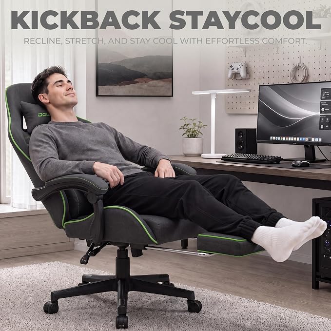 Dowinx Gaming Chair Fabric with Pocket Spring Cushion, Massage Game Chair Cloth with Headrest, Ergonomic Computer Chair with Footrest 290LBS, Black Green - Image 4