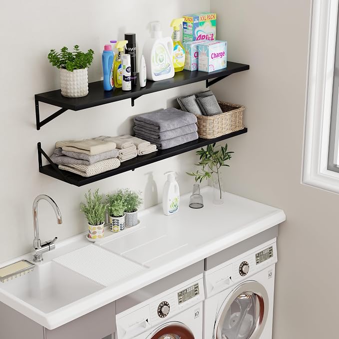 Axeman Floating Shelves for Wall Black- 48 Inch Wide x 12 Inch Deep Wall Shelves Set of 2 - Black Deep Wood Floating Shelves for Living Room Bedroom Laundry Room - Image 2
