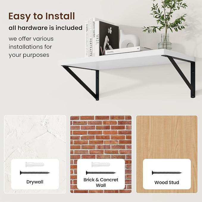 Axeman 20 Inch Floating Shelves, 10 Inch Deep White Wall Shelves Set of 2 - Image 6