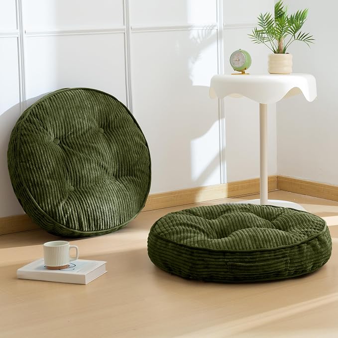 HIGOGOGO Floor Pillow Cushion for Adults, Meditation Cushion Pillow, Large Round Floor Sitting, Tufted Corduroy Cover, for Tatami Living Room or Yoga, 22x22 Inch, 2Pack, Dark Green by HIGOGOGO