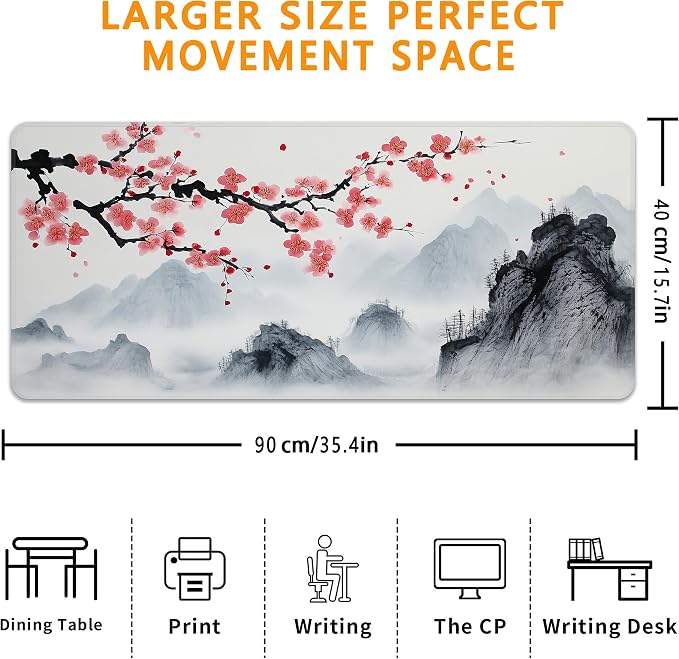 Japanese Watercolor Cherry Blossoms Desk Mat, XXL 35.4"x15.7" Large Mouse Pad, Sakura Extended Gaming Mouse Mat,Non-Slip Rubber Base Waterproof with Stitched Edges for Gaming Office Home Decor - Image 3