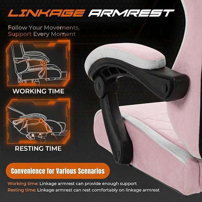 Shintenchi Gaming Chair, Ergonomic Office Chair with Footrest, Lumbar Support and Linkage Armrests, Swive Home Video Game Chairs for Adults, Pink - Image 6