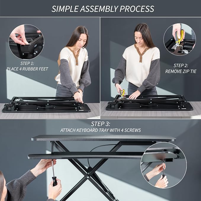VIVO Dark Walnut 26 in Standing Desk Converter, DESK-V026KA | Height Adjustable, Stand Up Desk Riser, Wide Keyboard Tray, Dual Monitor and Laptop Workstation, Black Frame, K Series - Image 7