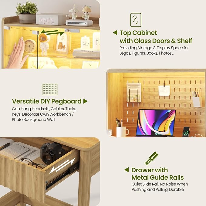 Lvifur LED Writing Desk with Hutch and Pegboard and Power Outlet (Natural) | Compact Study Desk with Display Shelf, 3 Color Lights, Adjustable Brightness, USB/Type-C&2 AC Outlets, Drawer wtih Metal Rail - Image 5
