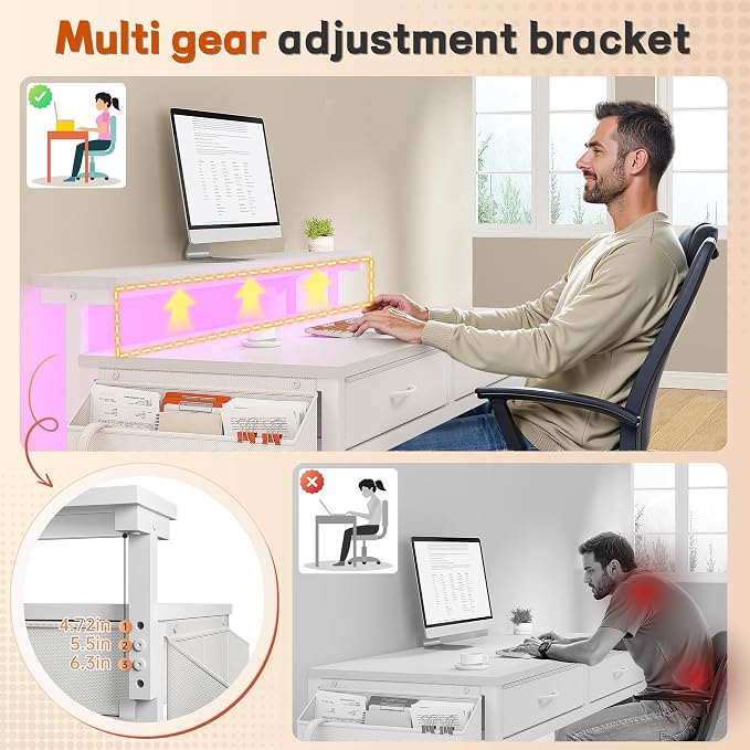 DurayLoly 39.4”Computer Desk with 2Drawers & LED Lights,Space Saving,White - Image 6