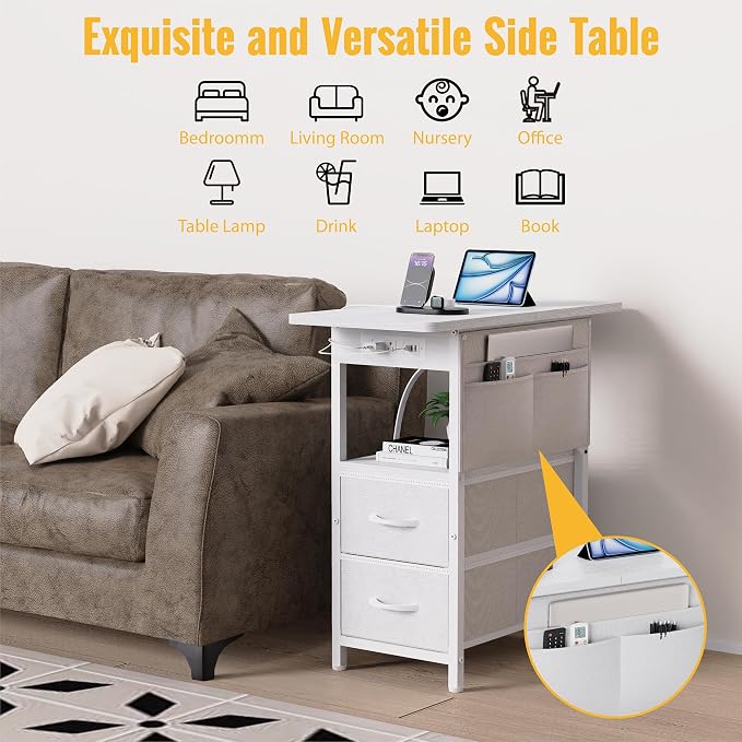Yenlure Small Side Table with Charging Station, Narrow Nightstand Bedside Tables with Storage Pocket for Living Room Bedroom, Sofa End Table with USB Ports and Power Outlets for Small Spaces - Image 5
