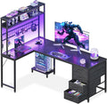 AODK 59" L Shaped Gaming Desk with Hutch, 4 Drawers, LED Lights, Black | Power Outlets, USB Ports, Grid Pegboard, Hutch Shelves, Reversible Layout for Bedrooms, Dorms, Study Rooms and Gaming Areas by AODK