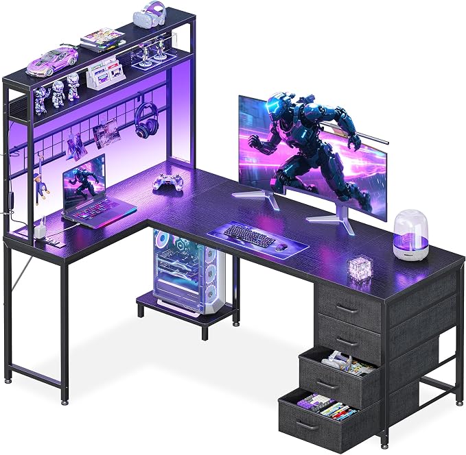 AODK 59" L Shaped Gaming Desk with Hutch, 4 Drawers, LED Lights, Black | Power Outlets, USB Ports, Grid Pegboard, Hutch Shelves, Reversible Layout for Bedrooms, Dorms, Study Rooms and Gaming Areas by AODK