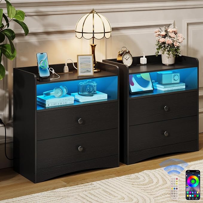 Memobarco 2 Pack Nightstand with Charging Station and LED Light, Black by MEMOBARCO