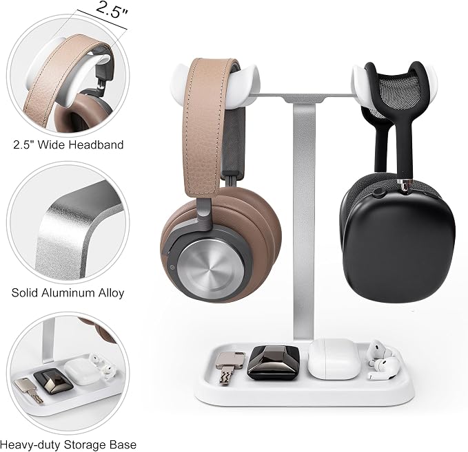 Dual Headphone Stand, Double Balanced Headset Stand with Storage Tray, Heavy Base Gaming Headset Holder for Desk (White) - Image 4