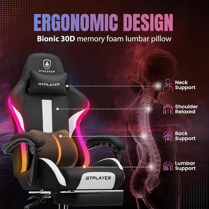 GTPLAYER RGB Gaming Chair with Footrest, LED Lights, Ergonomic Computer Chair with Linkage Armrest, Breathable Fabric for Home Office Desk - Video Game Chairs for Adults - Image 4