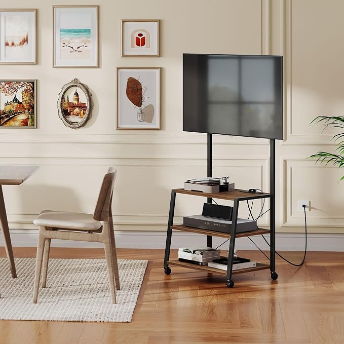 HOOBRO Rolling TV Stand with Mount and Power Outlet Up to 55 inch TV, Corner Entertainment Center, Small TV Stand with 3-Tier Storage Shelves for Living Room, Bedroom, Black and Walnut BH66UDS01 - Image 5