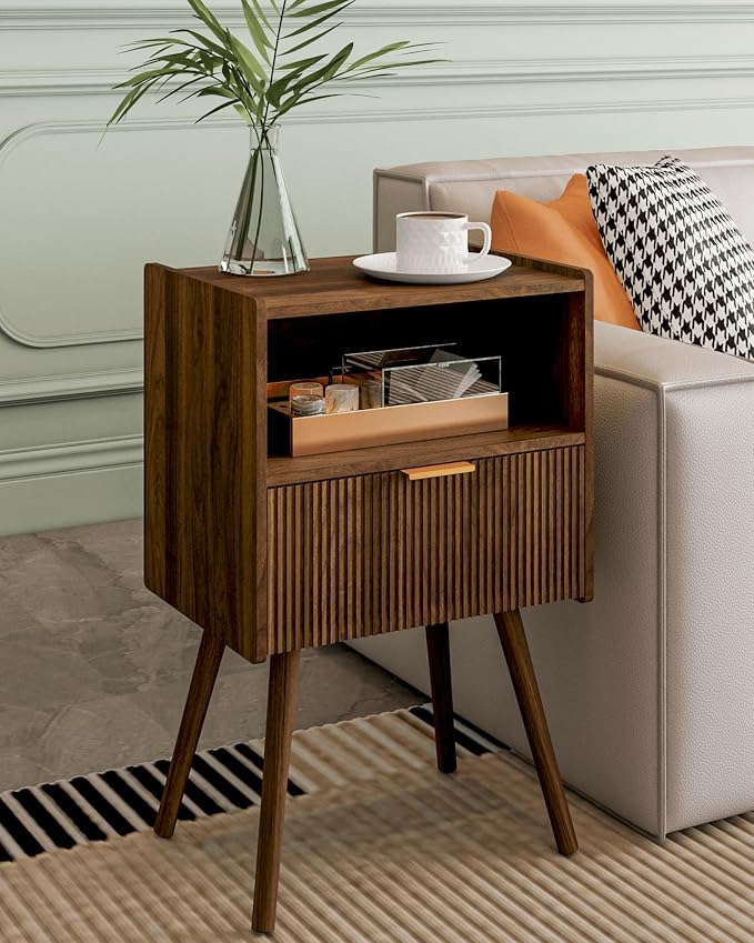 Veegle Nightstand,Modern Bedside Table with Storage Drawer and Open Wood Shelf, Accent Night Stand with Solid Wood Legs for Living Room, Bedroom and Small Spaces,Easy Assembly (Walnut Brown) by Unknown