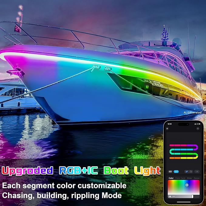 Lichaser Boat LED Strip Light RGB+IC, Marine LED Light Strip for Pontoon with Remote, Segment App Control Boat Light Waterproof 12V, Cool Stuff for Jon Boat, Bass Boat, Camper, RV (33ft) - Image 4
