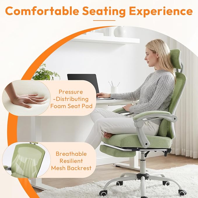 Home Office Desk Chair, Comfortable Mesh Chair with Foot Rest, Light Green | Reclining Gaming Chair with Headrest and Lumbar Support, 90°-130° Reclining, Silent Swivel - Image 4