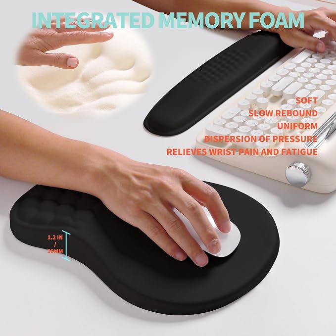 2-in-1 Ergonomic Set, Wave Rise Keyboard Wrist Rest and Massage Bulge Slope Mouse Pad Wrist Support, Cushion Memory Foam Integrated to Relieve Wrist Pain, Black - Image 4