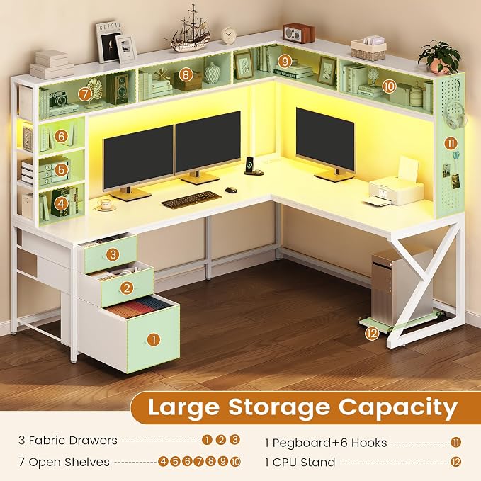 SEDETA Corner Gaming Computer Desk with Storage Drawers, Hutch, LED Lights | Convertible 94.5" Home Office Desk with Power Outlet, Pegboard, Large Desktop, Two Person Desk, White - Image 5