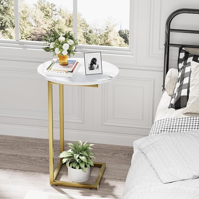 C Shaped End Table, Oval Couch Side Tables for Living Room, Sofa End Table with Metal Frame, Small Wooden Snack Table for Bedroom, Small Spaces, Easy Assembly, Gold - Image 6
