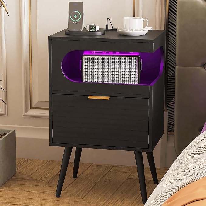 Veegle Nightstand,Modern Bedside Table with Storage Drawer and Open Wood Shelf, Accent Night Stand with Solid Wood Legs for Living Room, Bedroom and Small Spaces,Easy Assembly (Black-1) - Image 9