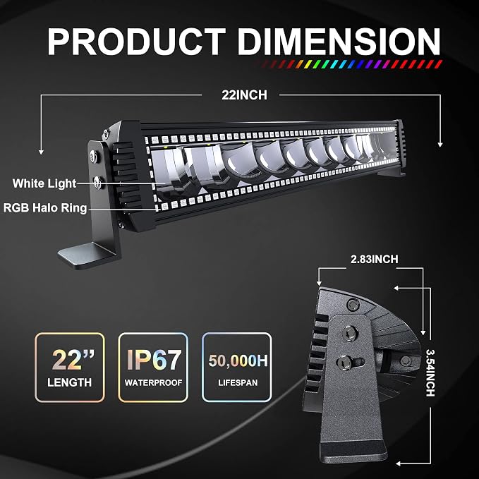 Lpteso RGBW LED Light Bar 22'' inch 120W +2PCS 4Inch 18W Flood RGB LED Pods - Image 2