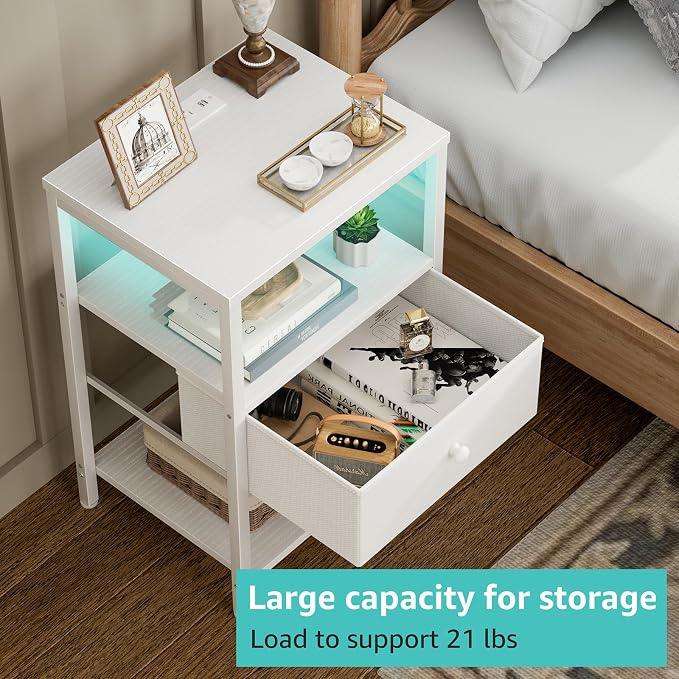 BOLUO White Nightstand with Charging Station, LED Night Stand with Fabric Drawers and Shelf, Bedside Table with USB Ports and Outlets, Bedroom Nightstand Modern - Image 4