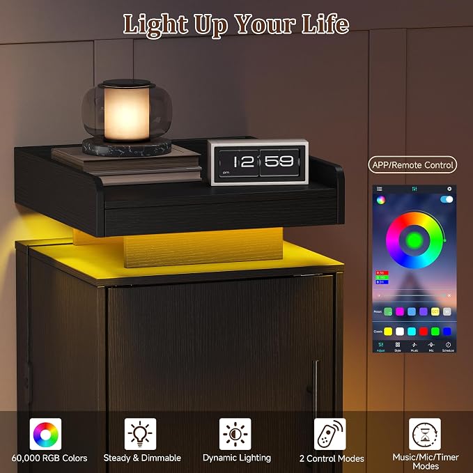 Black Nightstand with LED Lights, Large Storage Bedside Table with Magnetic Door, Black Wooden Bedroom Night Stand - Image 6