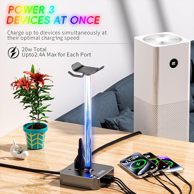 cozoo Headphone Stand with Charger, USB C, Gifts for Gamers Men, Gray Pro | Gaming Headset Stand Holder for Desk, 3 USB(1 USB C) and 2 AC Outlets Charging Ports, Headphone Hanger, Gamer Gifts for Men - Image 5