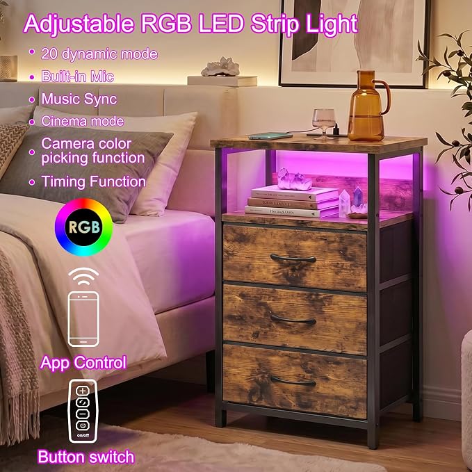Fixwal Night Stand with 3 Fabric Drawers, Nightstand with Charging Station - Image 4