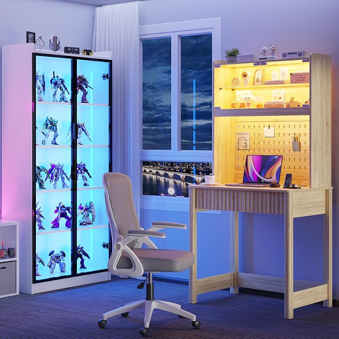 Lvifur LED Writing Desk with Hutch and Pegboard and Power Outlet (Natural) | Compact Study Desk with Display Shelf, 3 Color Lights, Adjustable Brightness, USB/Type-C&2 AC Outlets, Drawer wtih Metal Rail - Image 8