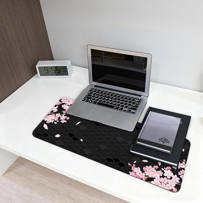 Gaming Mouse Pad with Anti-Slip Rubber Base, Extended Large Computer Mouse Mat with Stitched Edges, Long XL Anime Mousepad for Laptop and Keyboard, 31.5 x 11.8 inch (Black Cherry Blssom) - Image 6