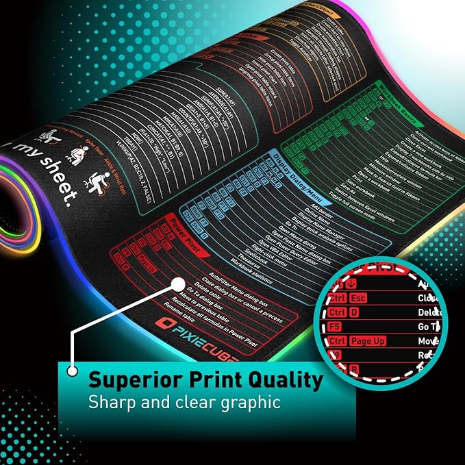 Excel Cheat Sheet LED Desk Pad | Excel Shortcut Keys Mouse Pad - Colorful RGB Luminous Extended Large Gaming Mousepad| PC Office Spreadsheet Keyboard Mat| Non-Slip Stitched Edge Desk Mat - Image 4
