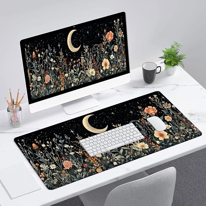 Cute Mystical Plants Desk Pad Whimsical Moon Stars Extended Gaming Mouse Mat with Stitched Edge Non-Slip Base - Big Office Computer Keyboard Laptop Home - 31.5"x11.8" - Image 3