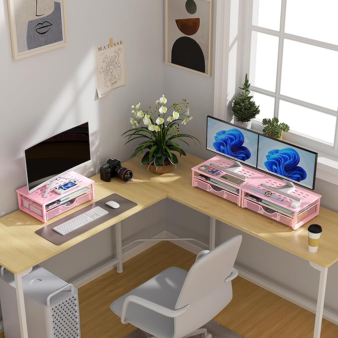 gianotter Computer Monitor Stand Riser with Drawer | Desk Organizers and Accessories Desk Accessories & Workspace Desktop Organizers Storage for Printer Stand (Pink) - Image 7