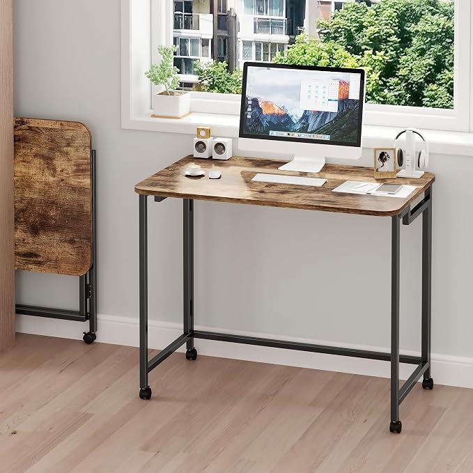 JSB Folding Desk for Small Spaces,Mobile Portable Rolling Laptop PC Table on Wheels,Foldable Computer Desk for Home Office,Bedroom,Dorm,Space Saving (Rustic & Brown, 27.6") - Image 3
