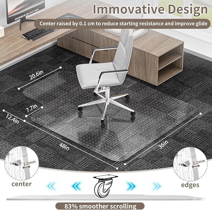 Office Chair Mat for Low Pile Carpet, 36"x48" Clear Smooth Glide with Lip | Non-Slip Studded Backing, Smooth Glide,Heavy-Duty Clear Plastic, Extended Lip –Carpet Protector for Office, Desk, Gaming - Image 2