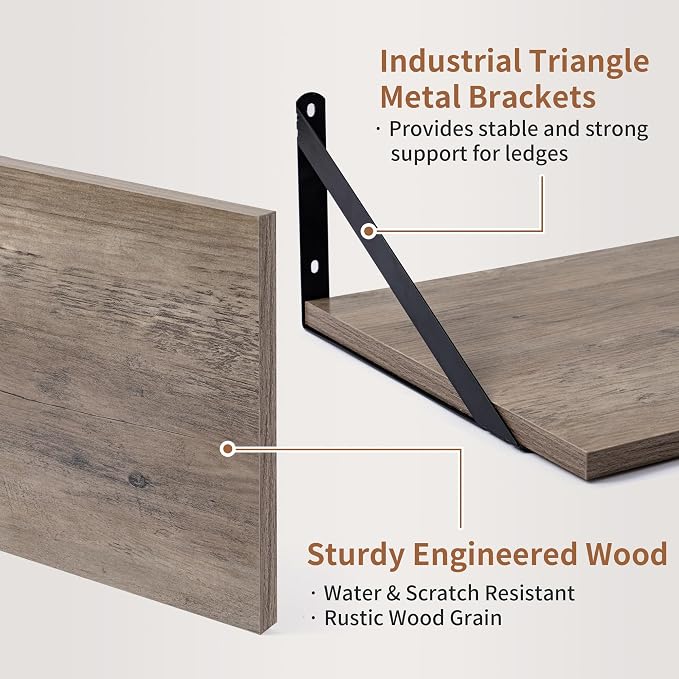 Axeman Deep Floating Shelves for Wall, 12 Inch Deep Floating Shelves Set of 2, 16W x 12D Rustic Grey Wood Large Wall Mounted Shelves for Living Room Kitchen Bathroom Bedroom - Grey - Image 4