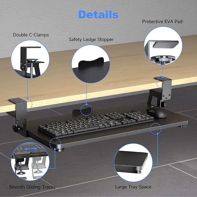 XINLEI Keyboard Tray Under Desk Large C-Clamp 25.6” (30” Including Clamps) x 11.8” Slide-Out Platform Computer Drawer Pull Out Keyboard & Mouse Tray Black DSF4 - Image 4