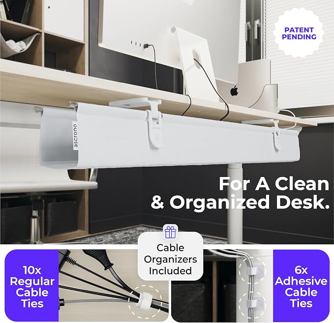 Ascrono Original No Drill Under Desk Cable Management Tray 14.1" - Premium White Fabric Cable Management Under Desk - Clamp/Screw Mount Cord Organizer - Supports Upto 66lbs - Image 5