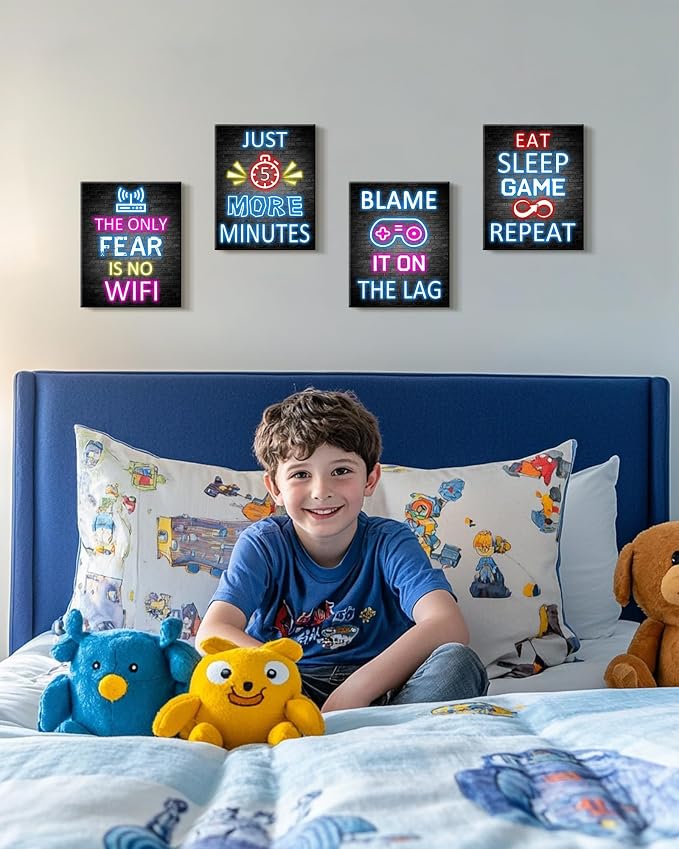KUVIOKE Video Gamer Room Neon Decor for Teen Boys Gaming Wall Art Gamer Signs Teenage Bedroom Decor Set of 4, 8x10in (Framed) - Image 2