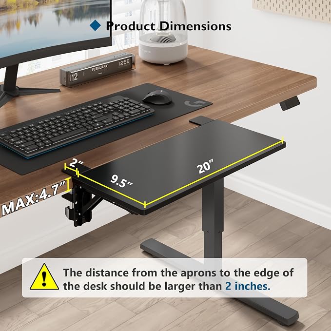 BONTEC Small Ergonomics Desk Extender Tray, 20x9.5 Inch Table Mount Arm Rest Shelf, 90° Foldable Keyboard Tray Platform, Clamp on Computer Arm Rest for Desk, Suitable for Office Desks, Black | 90° Foldable Keyboard Tray Platform, Table Mount Arm Rest S... - Image 2